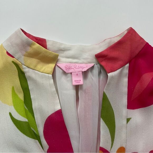 Lilly Pulitzer Floral Silk Blouse Top Semi Sheer Gold Metallic Thread Lining 4 - Picture 4 of 7